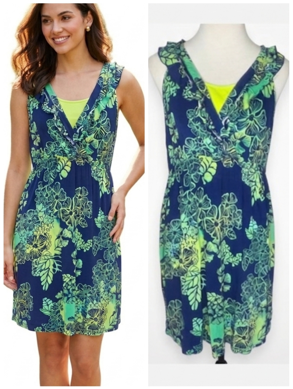 Floral Short Sleeve Dress Blue and Green Tropical Women's Size Extra Large XL